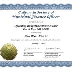 California Society of Municipal Finance Officers Award - Operating Budget Excellence Award FY 2015-2016