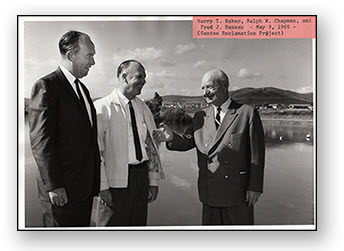 District general manager Harry T. Baker and director Ralph W. Chapman are pictured with La Presa Municipal Water District president, Fred J. Hansen, at what is now Santee Lakes.