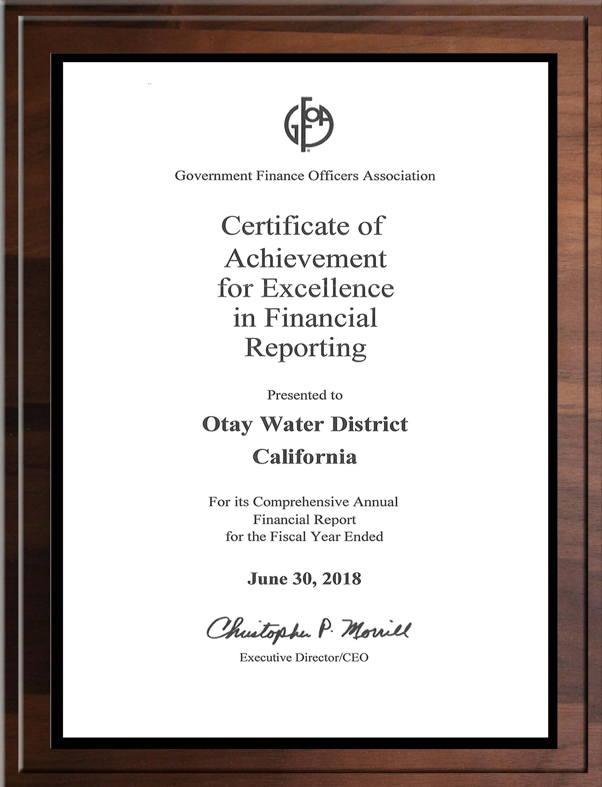 GFOA Award - Certificate of Achievement for Excellence in Financial Reporting FY 2018
