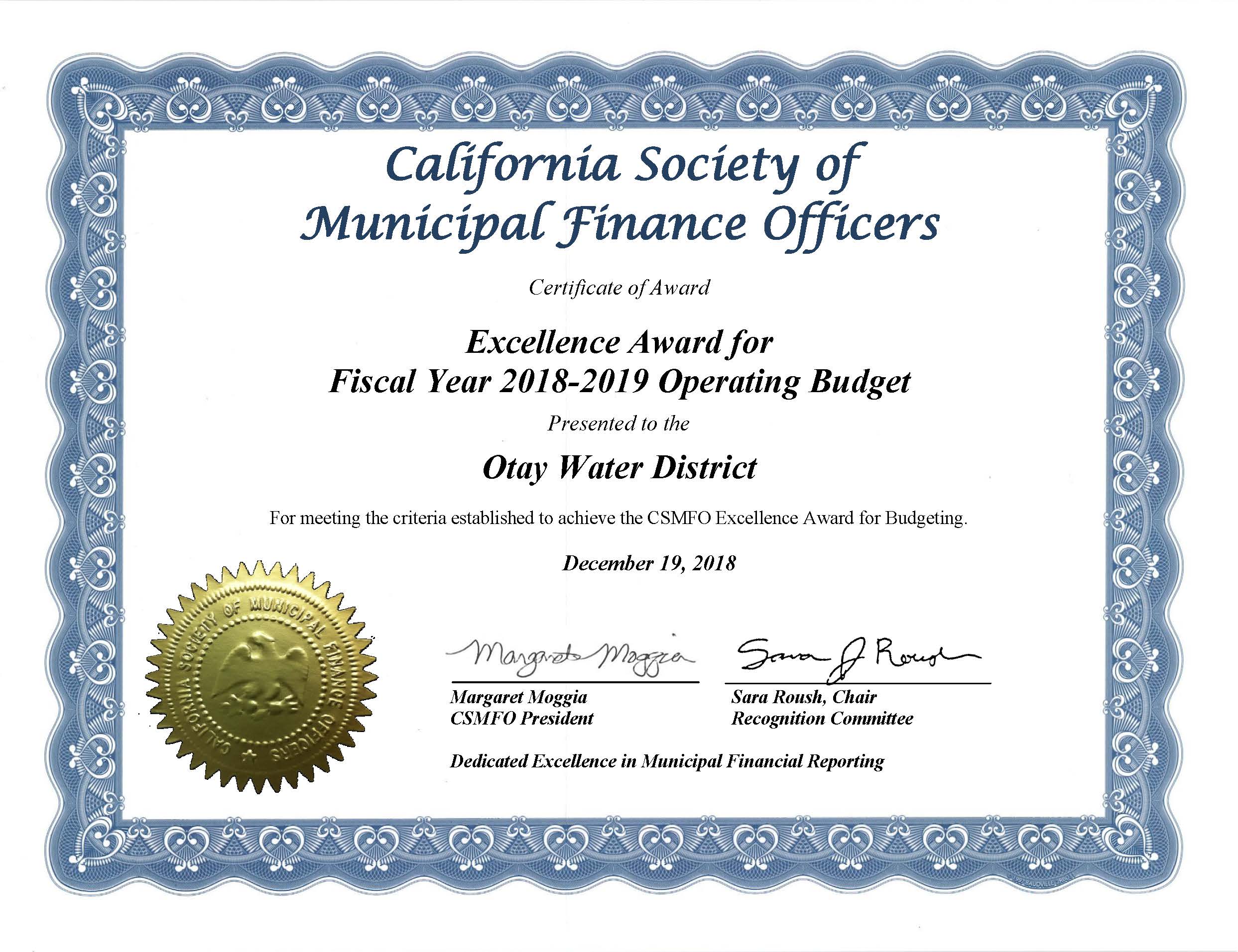 California Society of Municipal Finance Officers Award - Excellence in Operating Budget FY 2018-2019