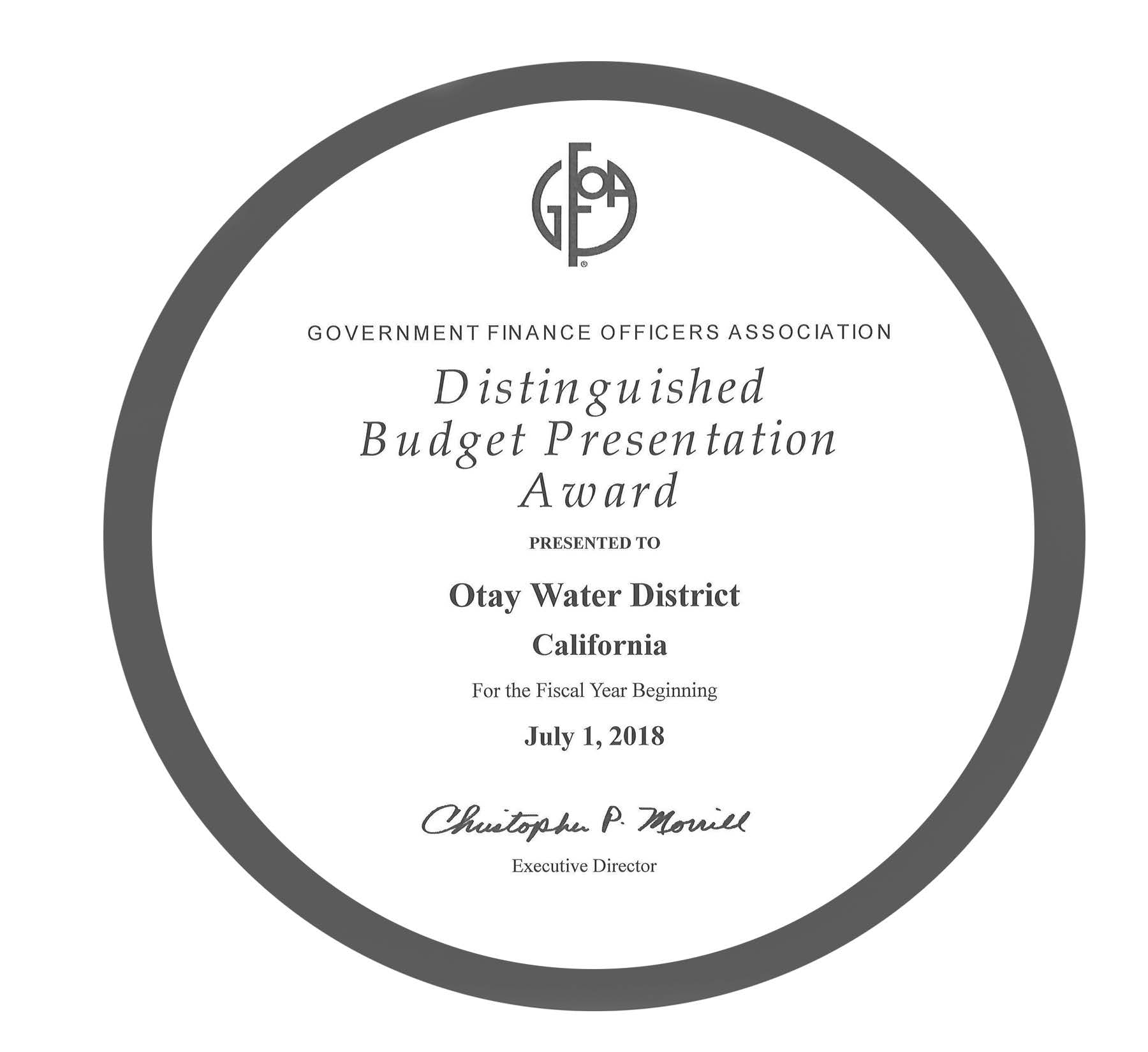 GFOA Award - Distinguished Budget Presentation Award FY 2019