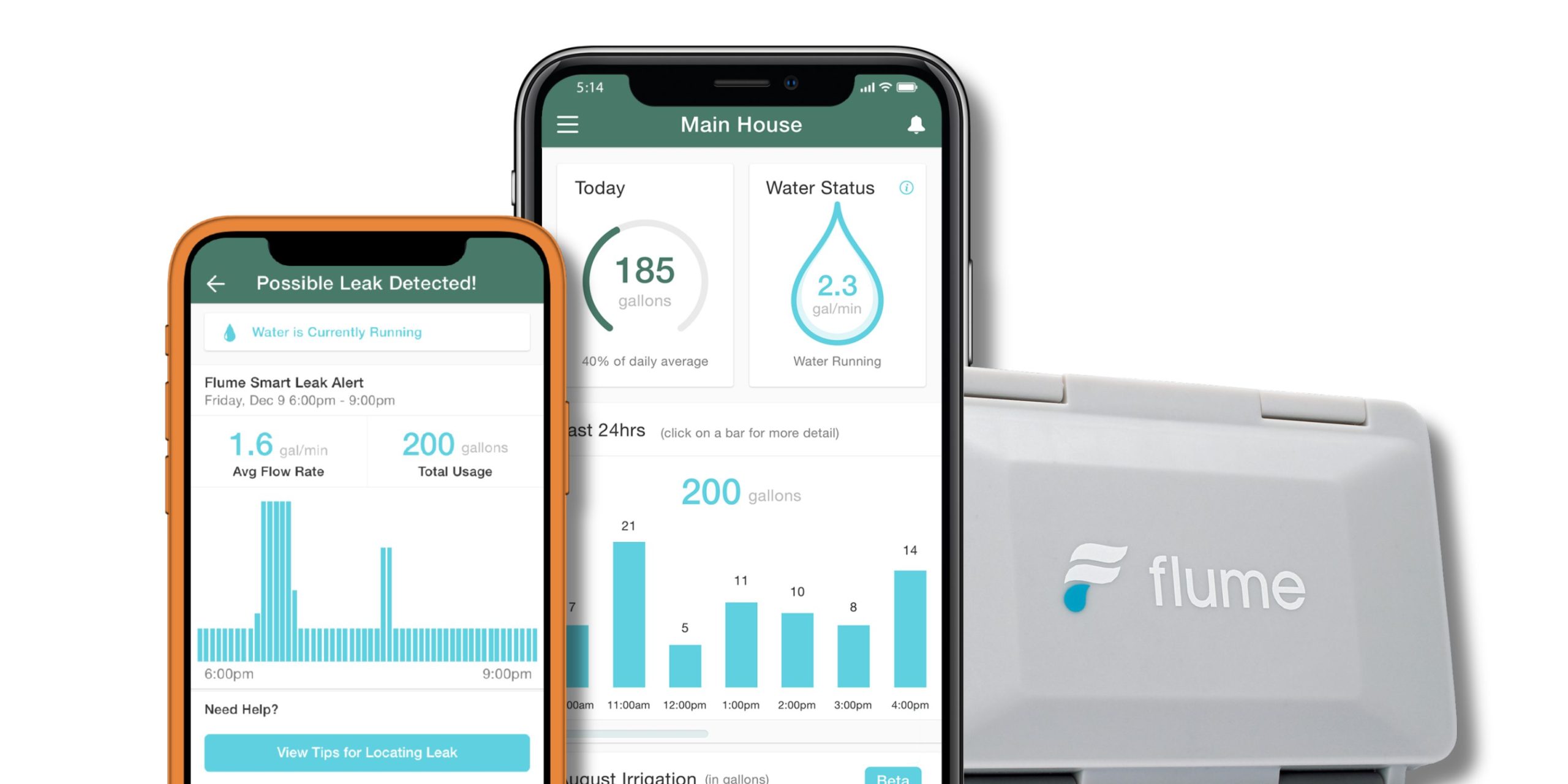 Flume device and two mobile phones displaying the Flume application