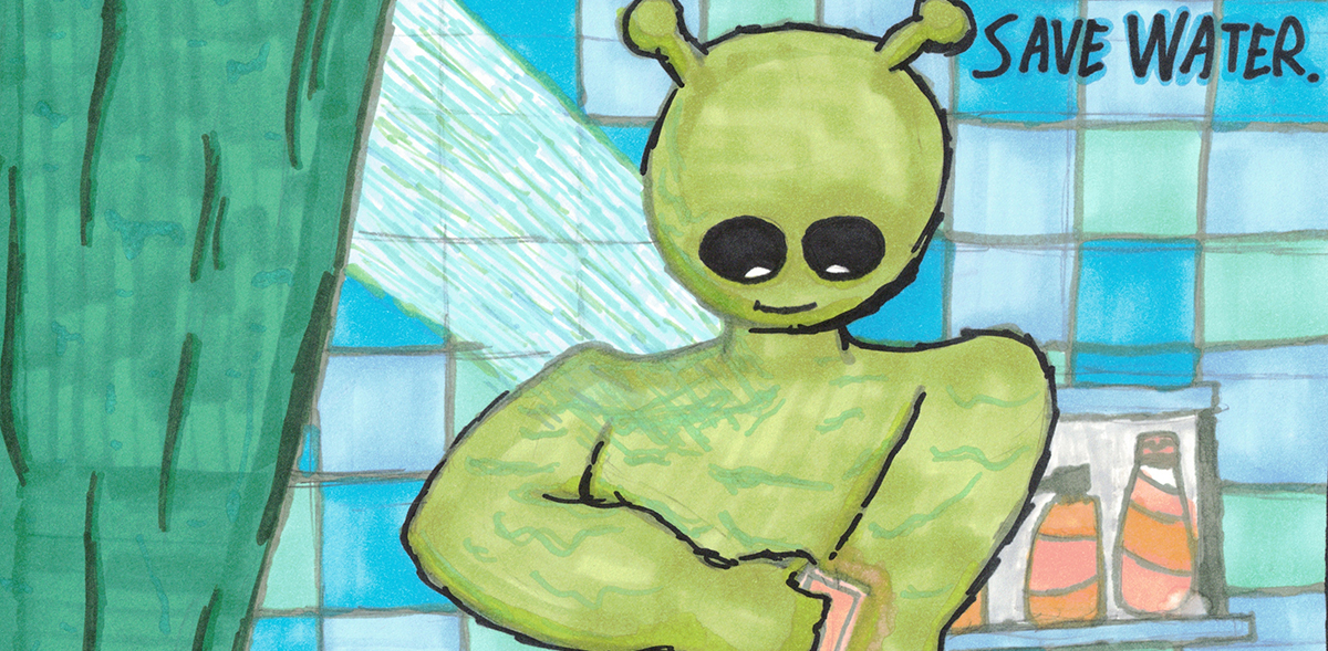 Poster of alien character taking a short shower